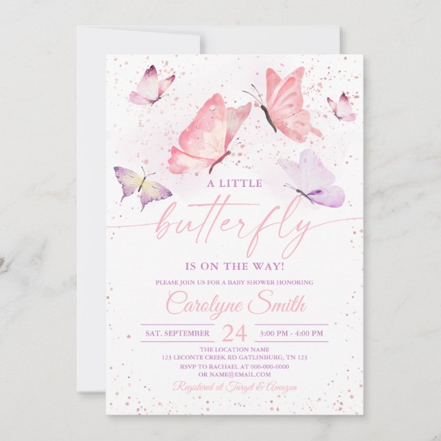 Inbjudan till rosa Girl Girl Butterfly Baby Shower (Framsida)