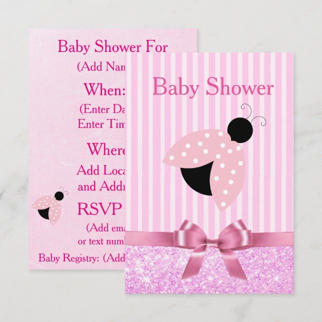 Inbjudan till rosa Girl Girl's Ladybug Baby Shower (Fram/baksida)