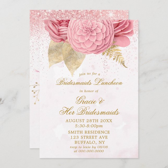 inbjudan till Rosa Glitter Bridesmaids Luncheon (Fram/baksida)