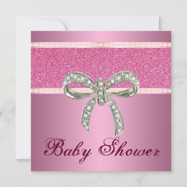 Inbjudan till rosa Glitter Diamond Bow Baby Shower (Framsida)