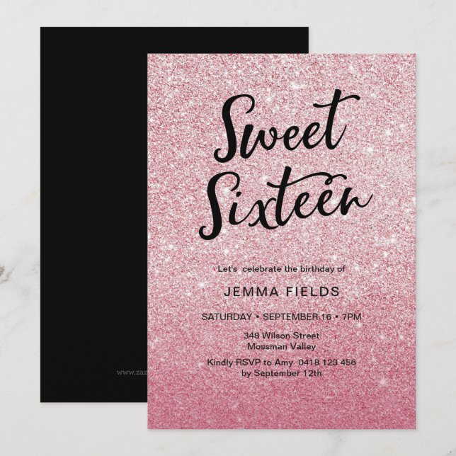 Inbjudan till rosa glitter i sweet sixteen på föde (Fram/baksida)