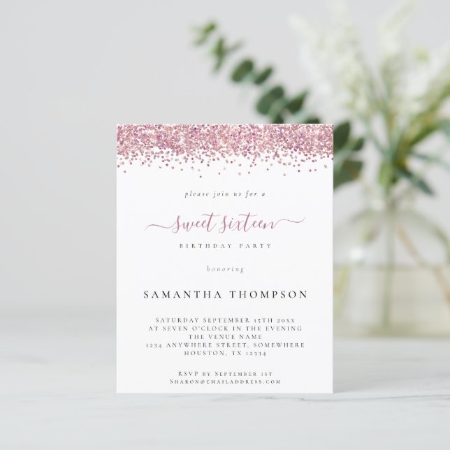 Inbjudan till Rosa Glitter Sweet sixteen (Stående Fram)