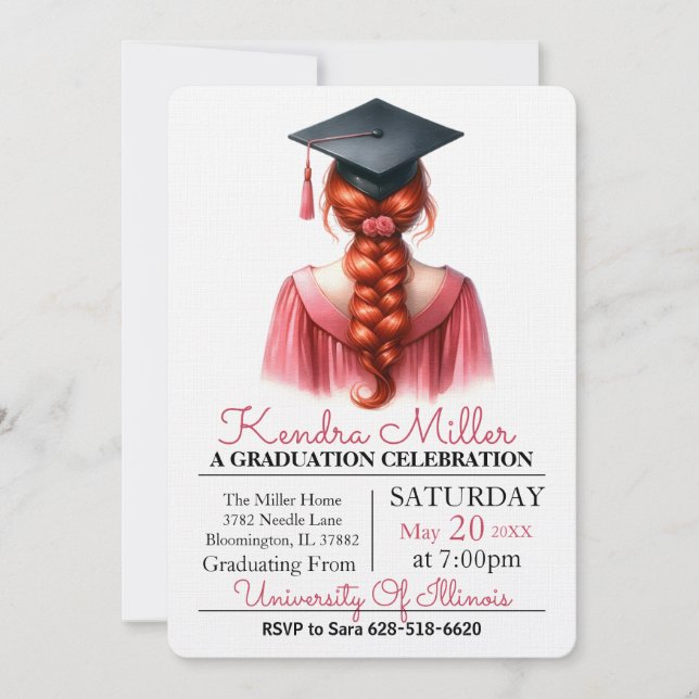 Inbjudan till rosa Gown Watercolor Studenten (Framsida)