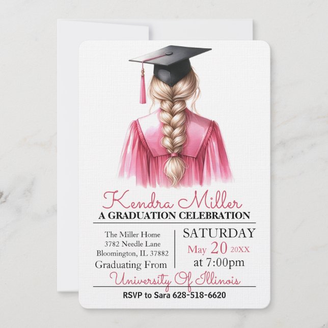 Inbjudan till rosa Gown Watercolor Studenten (Framsida)
