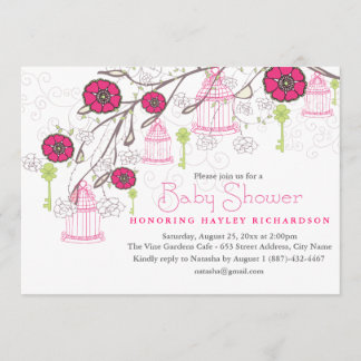 Inbjudan till rosa & Grönt Birdcage Baby Shower