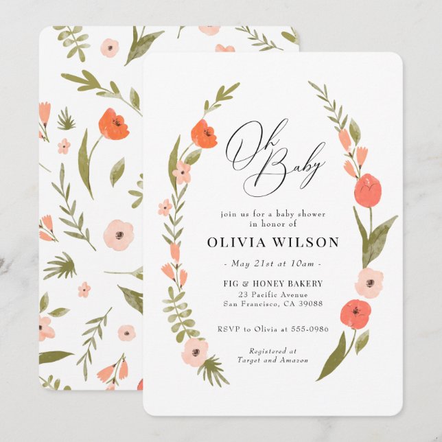 Inbjudan till rosa Grönt Flower WAN Baby Shower In (Fram/baksida)
