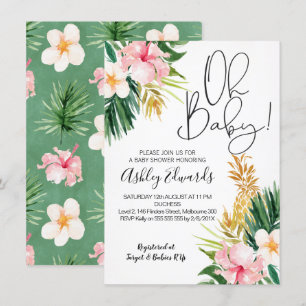 Inbjudan till rosa Grönt Tropical Blommigt Baby Sh