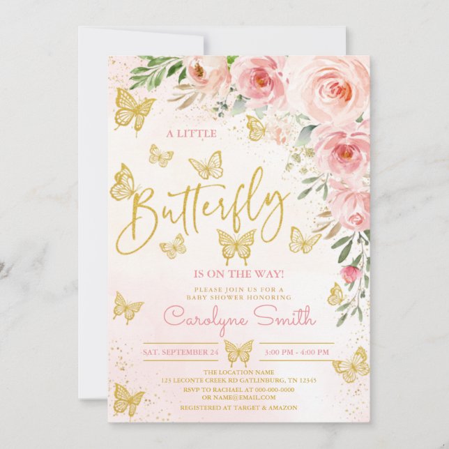 Inbjudan till rosa Guld Butterfly Baby Shower (Framsida)