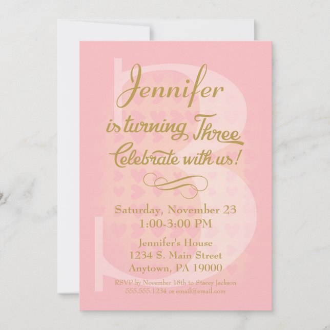 Inbjudan till Rosa Guld Hearts till flickor på 3:e (Framsida)