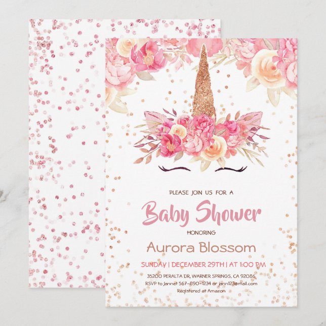 Inbjudan till rosa & Guld Unicorn Baby Shower (Fram/baksida)
