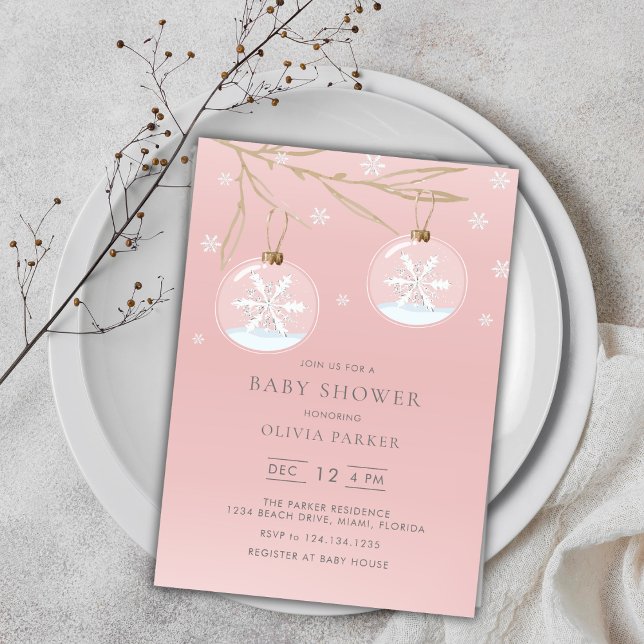 Inbjudan till rosa Guld Winter Snowflake Baby Show (Pink Gold Winter Snowflake Baby Shower Invitation)