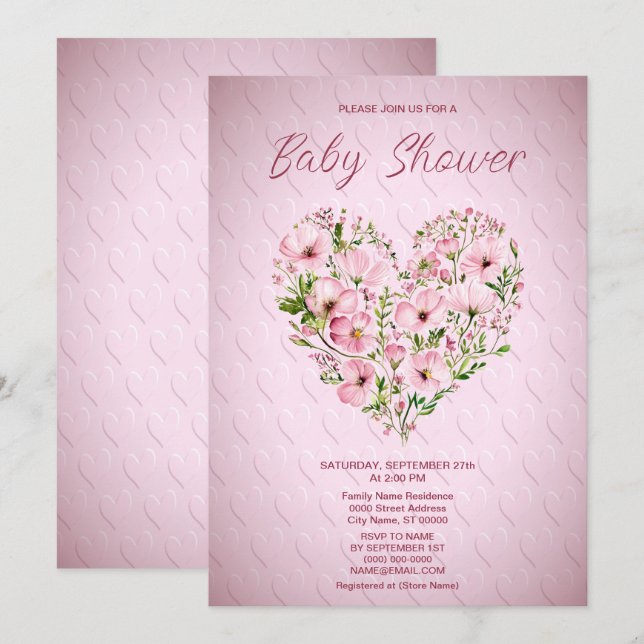 Inbjudan till rosa Heart Blommigt Baby Shower (Fram/baksida)