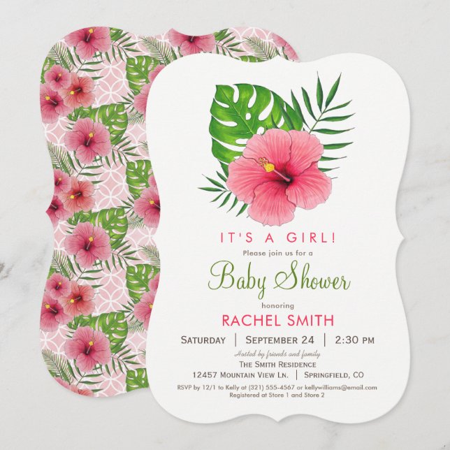 Inbjudan till rosa Hibiscus Flower Girl Baby Showe (Fram/baksida)