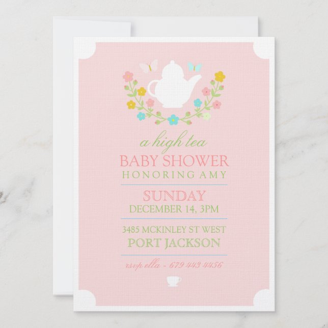 Inbjudan till rosa High Tea Baby Shower (Framsida)