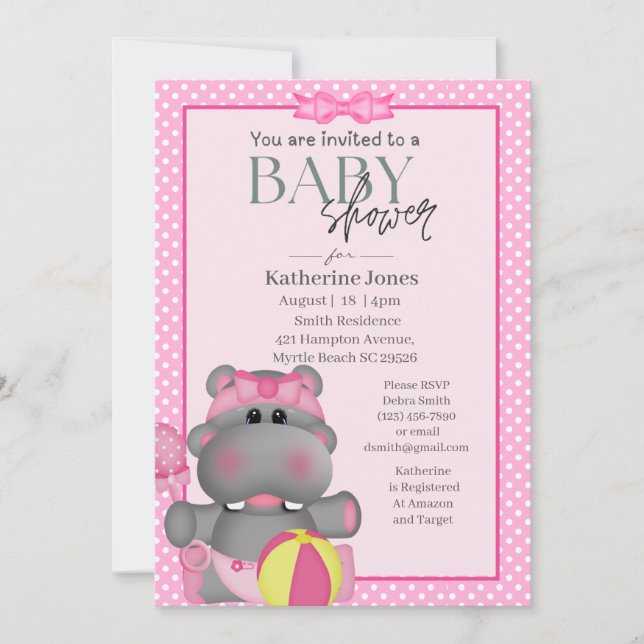 Inbjudan till Rosa Hippo Baby Shower (Framsida)