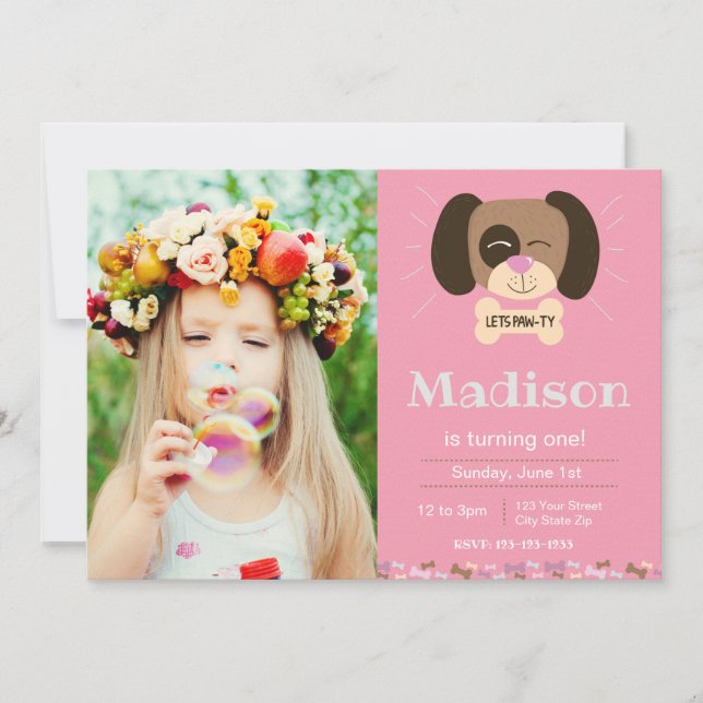 Inbjudan till rosa Hund Pawty Birthday (Framsida)