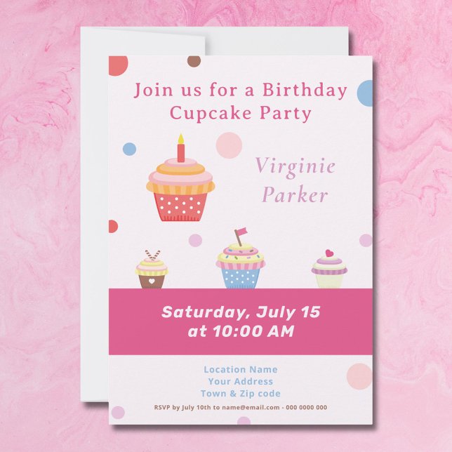Inbjudan till Rosa i Cupkaka Party på födelsedagen (Cupcake Party Pink Birthday Invitation - Back)