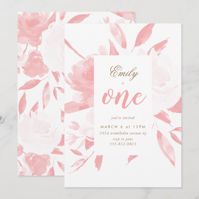 Inbjudan till Rosa i första födelsedag för flicka  (Fram/baksida)