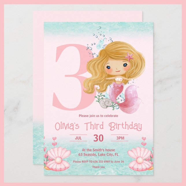 Inbjudan till Rosa i liten Sjöjungfru på födelseda (Birthday invitation with a cute mermaid with blond hair for little girls)