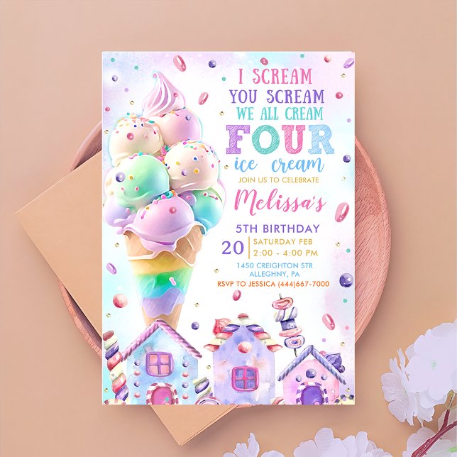 Inbjudan till rosa Ice Cream 4e födelsedagen (Skapare uppladdad)