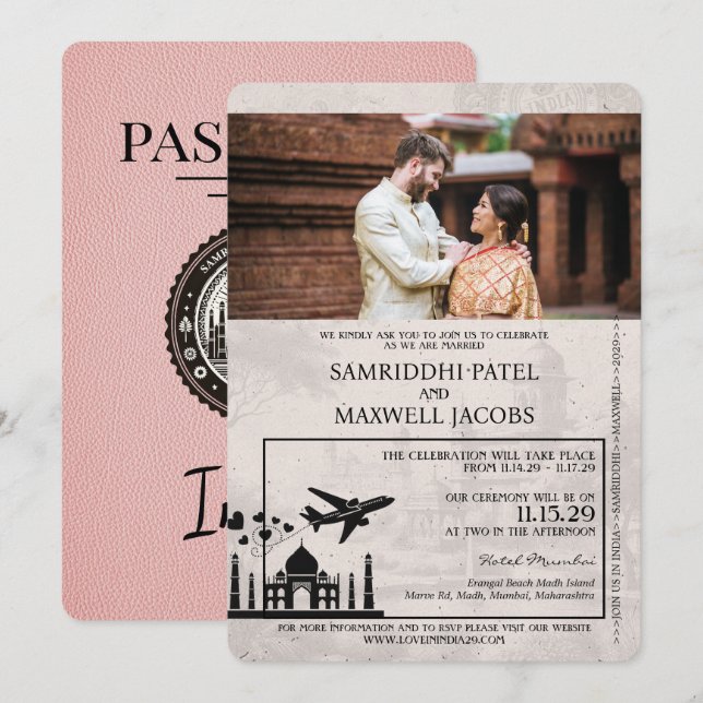 Inbjudan till rosa India Passport Wedding (Fram/baksida)