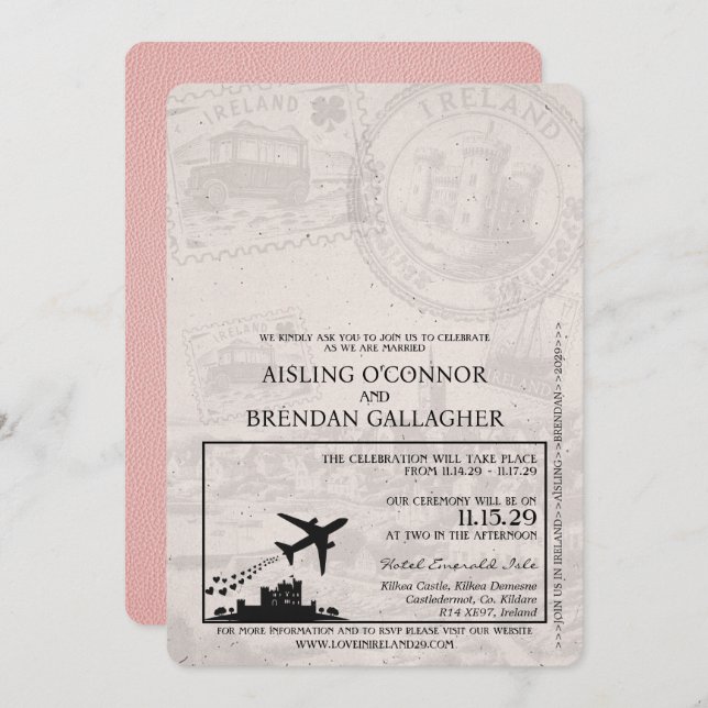 Inbjudan till rosa Ireland Passport Wedding (Fram/baksida)