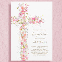 Inbjudan till rosa jokerblommor kor Baptism