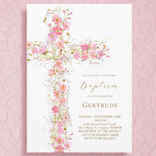 Inbjudan till rosa jokerblommor kor Baptism