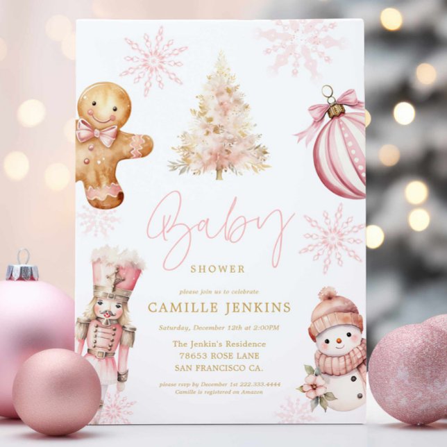 Inbjudan till rosa jul till babyskor för flickor (Pink Christmas Baby Shower Invitation)