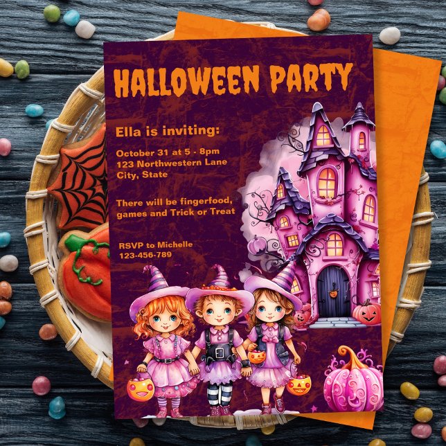 Inbjudan till rosa Kids Halloween fest (Pink Kids Halloween Party Invitation
)