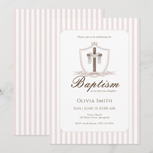 Inbjudan till rosa Kor Vapensköld Baptism (Fram/baksida)