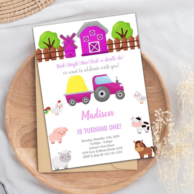 Inbjudan till rosa lantbrukare på födelsedagen (Pink Farm Birthday Invitations)