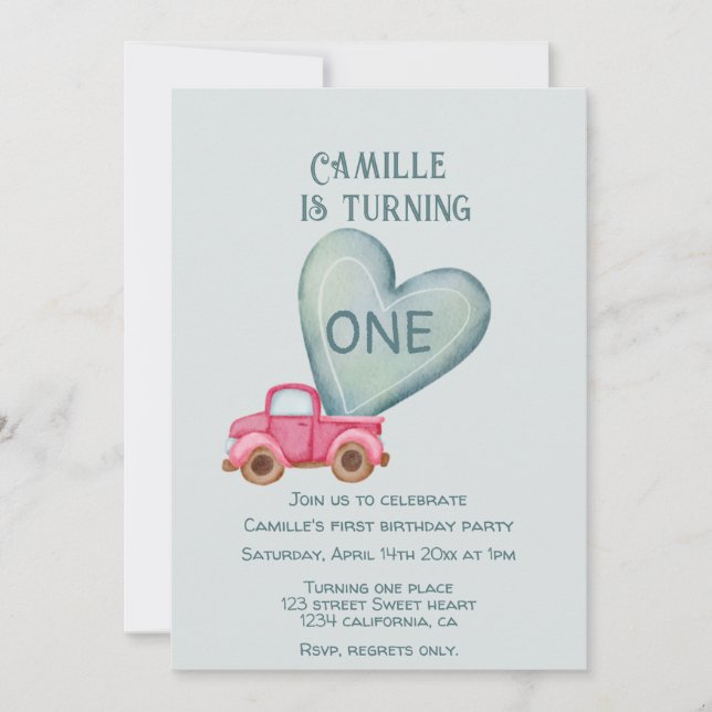 Inbjudan till rosa lastbil & hjärtfödelsedag (Framsida)