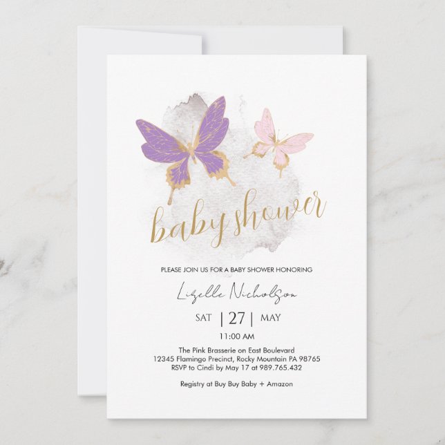 Inbjudan till rosa Lila Butterfly Baby Shower (Framsida)