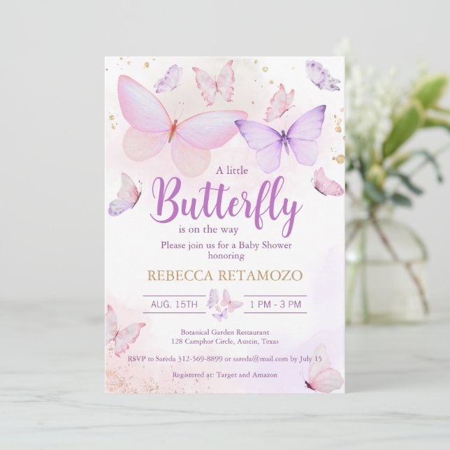 Inbjudan till rosa Lila Butterfly Baby Shower (Stående Fram)