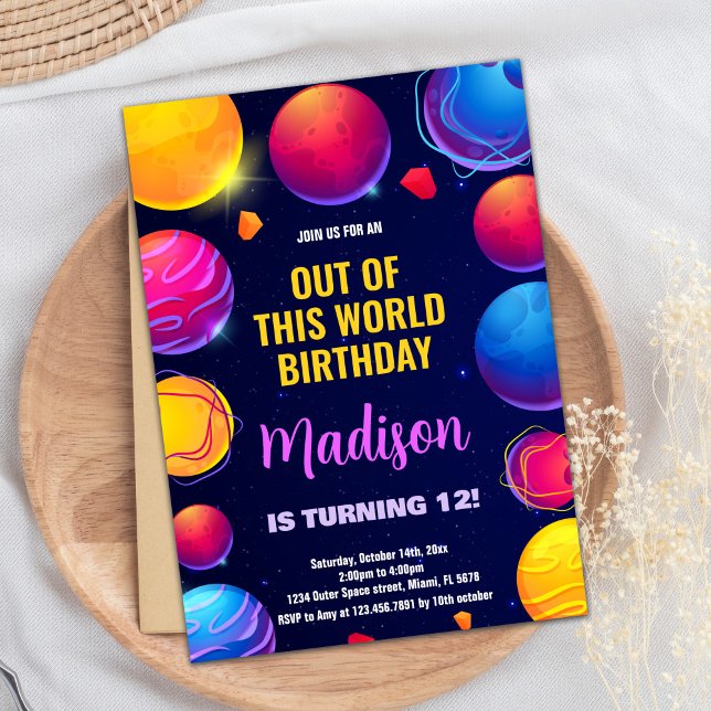 Inbjudan till rosa Lila Rymden födelsedag (Pink Purple Outer Space Birthday Invitations)