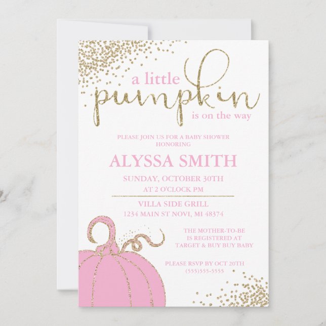 Inbjudan till rosa Little Pumpkin Fall Baby Shower (Framsida)