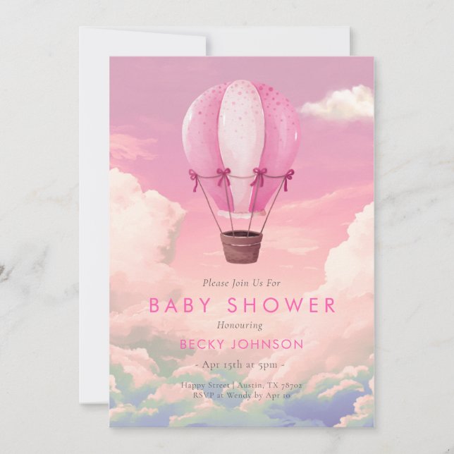 Inbjudan till rosa Luftballong Baby Shower (Framsida)