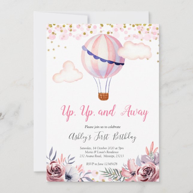 Inbjudan till rosa Luftballong Girl Birthday (Framsida)