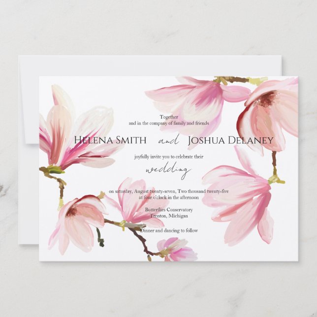 Inbjudan till rosa Magnolia Watercolor Wedding (Framsida)