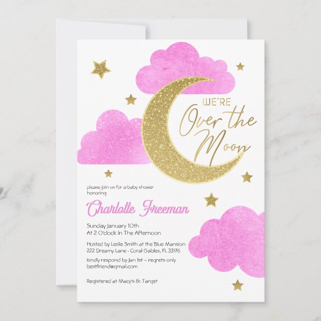 Inbjudan till rosa Måne & Stars Baby Shower (Framsida)