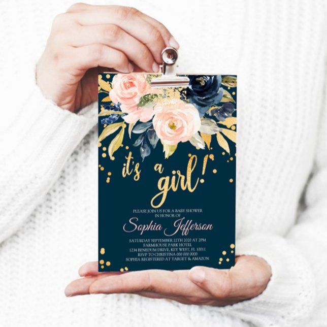  inbjudan till Rosa, marin och Guld babykläder (Skapare uppladdad)