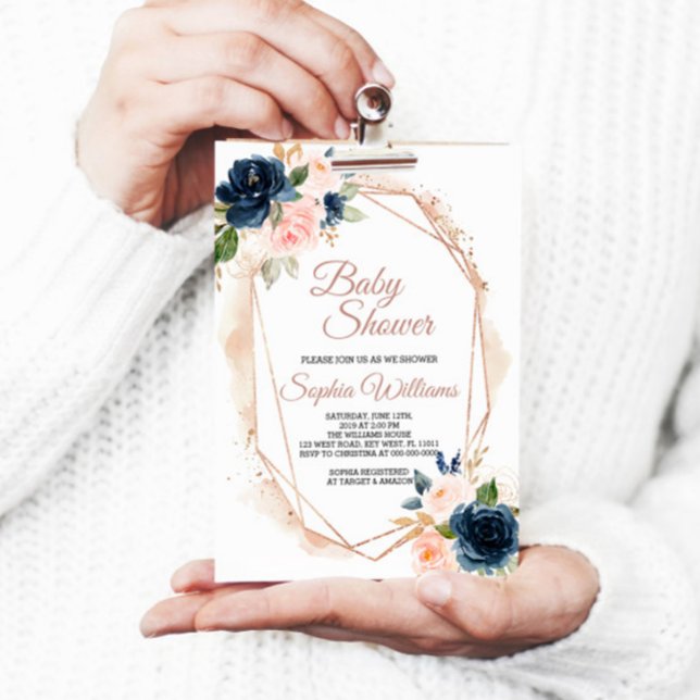  inbjudan till Rosa, marin och Guld babykläder (Skapare uppladdad)