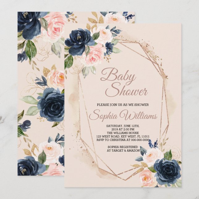  inbjudan till Rosa, marin och Guld babykläder (Fram/baksida)