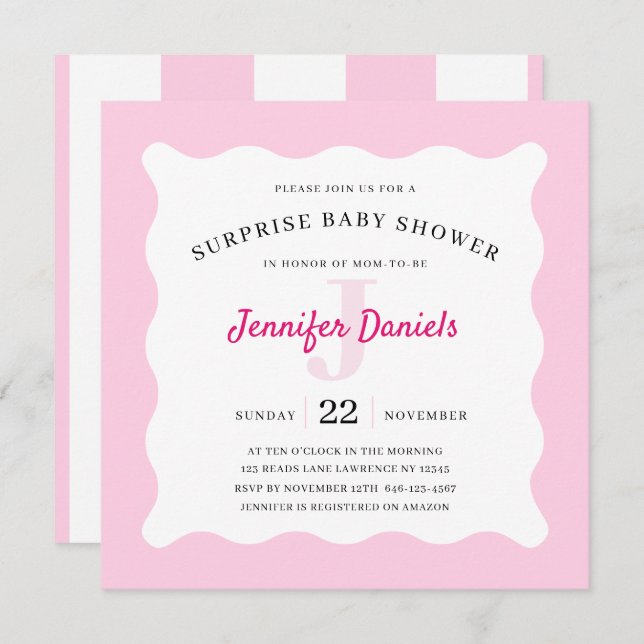Inbjudan till rosa Monogram Surprise Baby Shower (Fram/baksida)