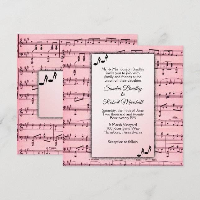 Inbjudan till rosa Music Wedding (Fram/baksida)