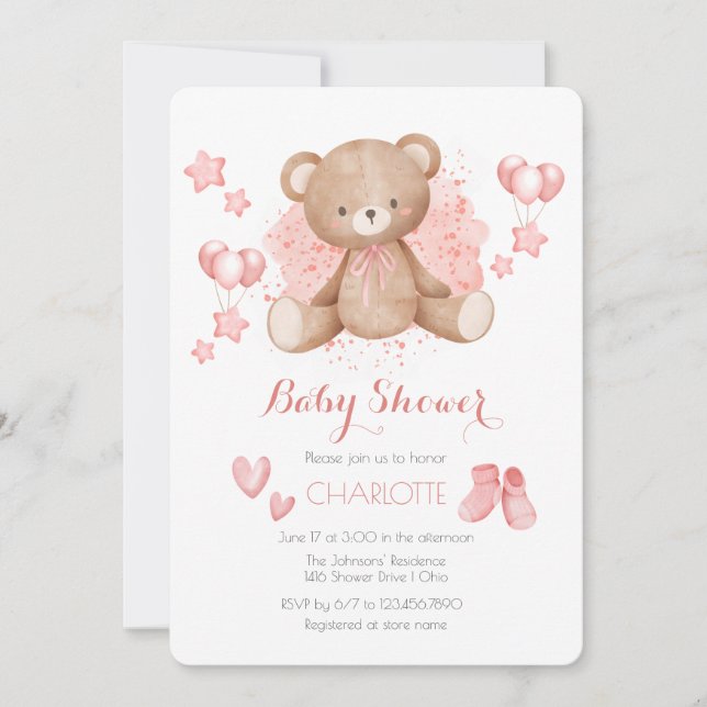Inbjudan till rosa Nalle Baby Shower (Framsida)