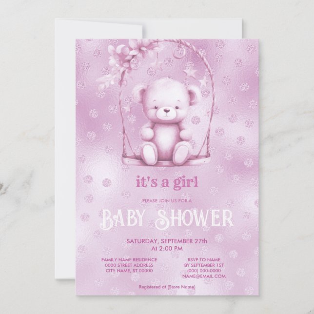 Inbjudan till rosa Nalle Baby Shower (Framsida)