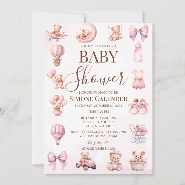 Inbjudan till rosa Nalle Baby Shower (Framsida)