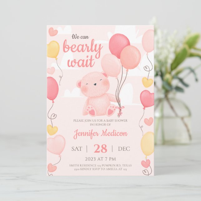 Inbjudan till rosa Nalle Girl Baby Shower (Stående Fram)